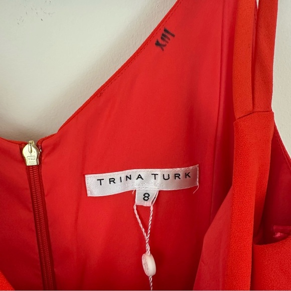 NWT Trina Turk Wide Leg Jumpsuit Poppy Red 8 Strappy V Neck Satin Trim Pockets - Picture 3 of 6